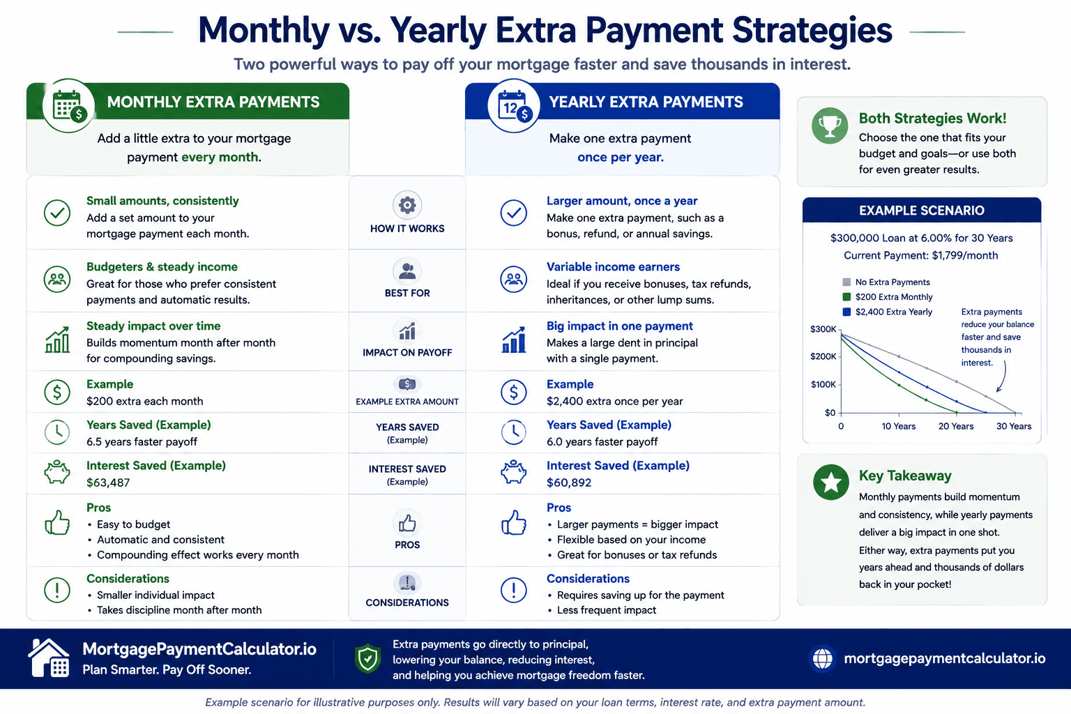 Mortgage Payoff Calculator comparison of monthly and yearly extra payment strategies illustrating differences in principal reduction, interest savings, payoff timeline, budgeting flexibility, and long-term mortgage costs.