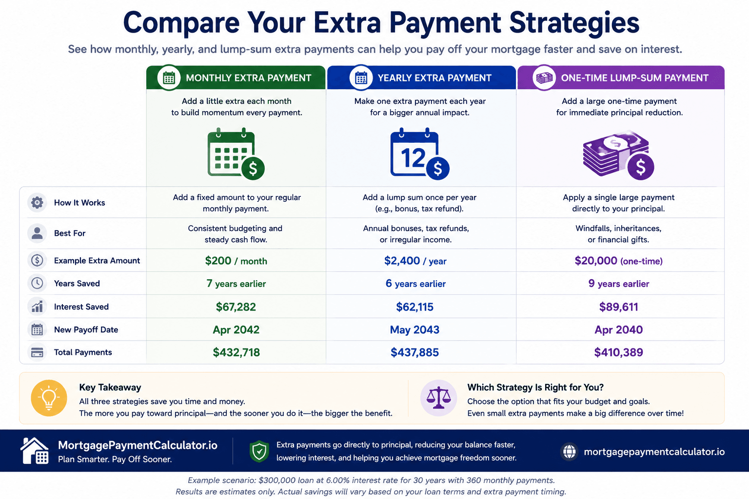 Mortgage Payoff Calculator comparison of monthly, yearly, and one-time lump-sum extra payment strategies showing payoff dates, years saved, interest savings, and total mortgage repayment.