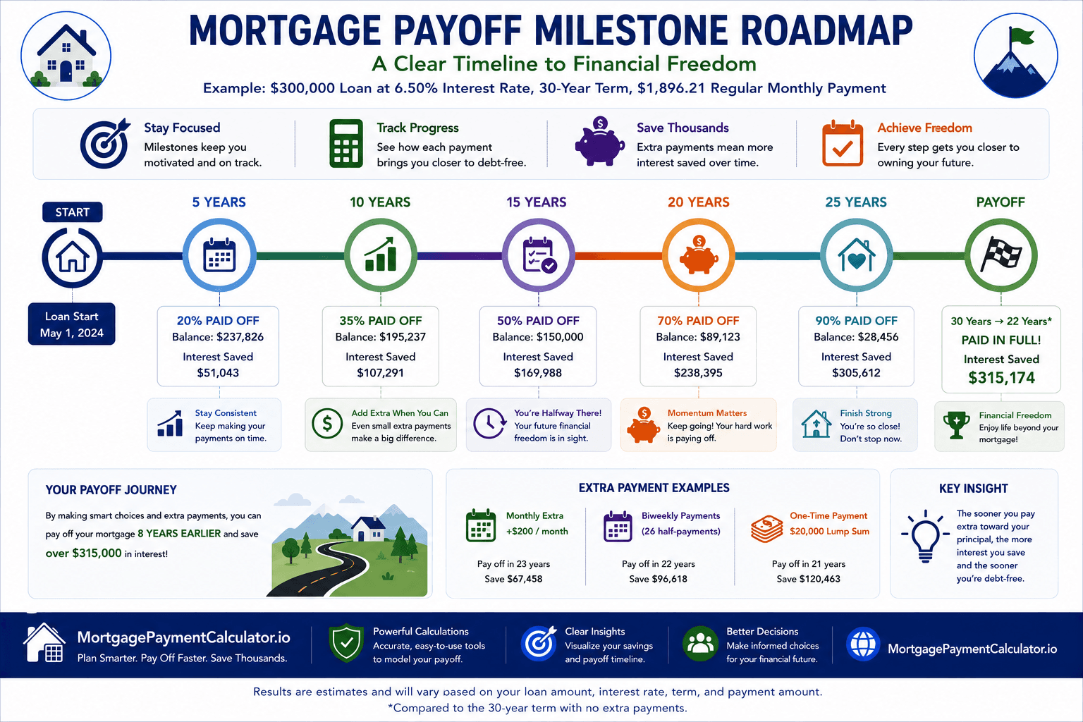 Roadmap illustrating mortgage payoff milestones from the first payment through debt-free homeownership using extra principal payments.