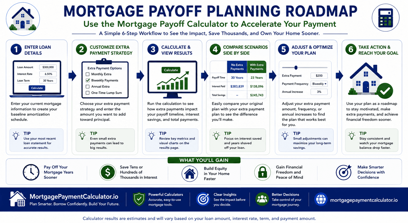 Roadmap showing how a mortgage extra payments calculator helps evaluate payoff scenarios, compare strategies, and estimate interest savings.