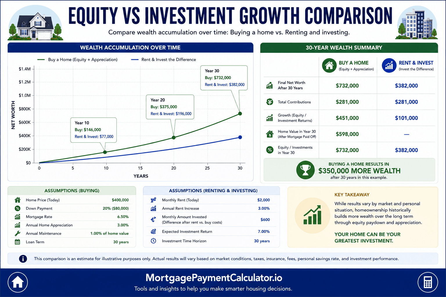 Comparison chart illustrating home equity growth versus investment portfolio growth when renting over 5, 10, 20, and 30 years.