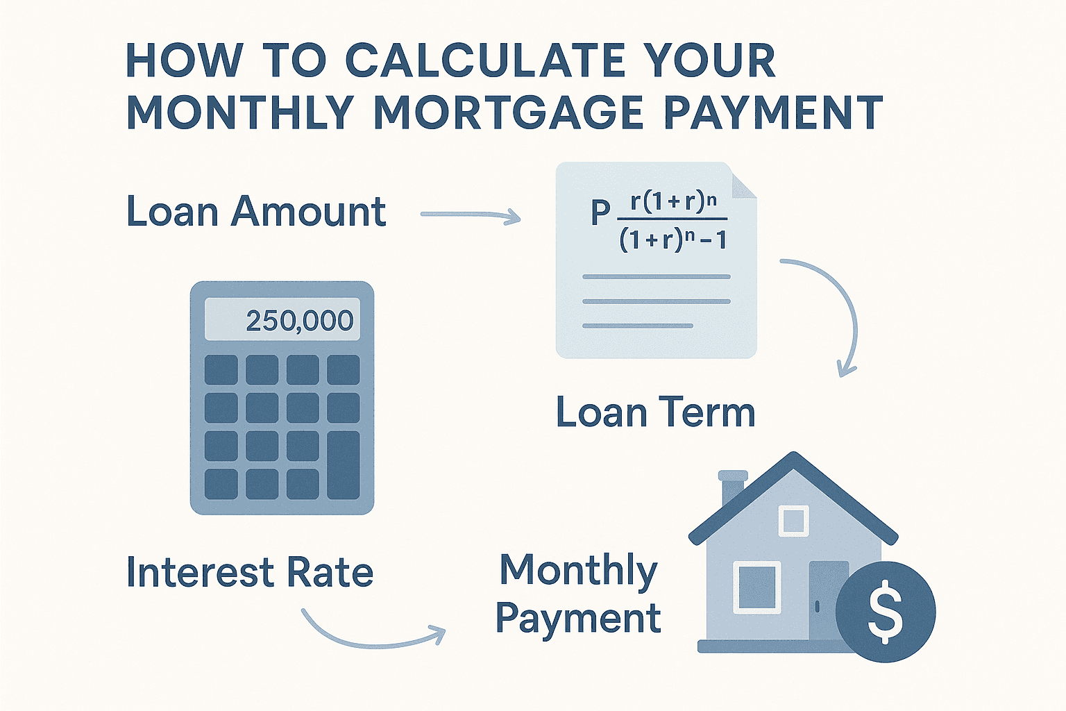 Educational poster illustrating steps to calculate monthly mortgage payments. Includes a calculator, mortgage formula, house diagram with dollar sign, and section titles like Loan Amount, Interest Rate, Loan Term, and Monthly Payment. Designed in a flat, contemporary style with muted colors.