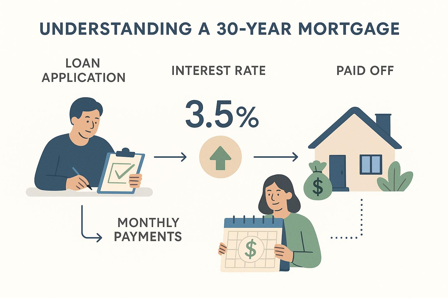 Infographic explaining a 30-year mortgage process: loan application, interest rates, monthly payments, and investment benefits. Uses vector illustrations with soft colors on a white background and sans-serif fonts for clear labeling. Arrows and lines guide viewers through the timeline.