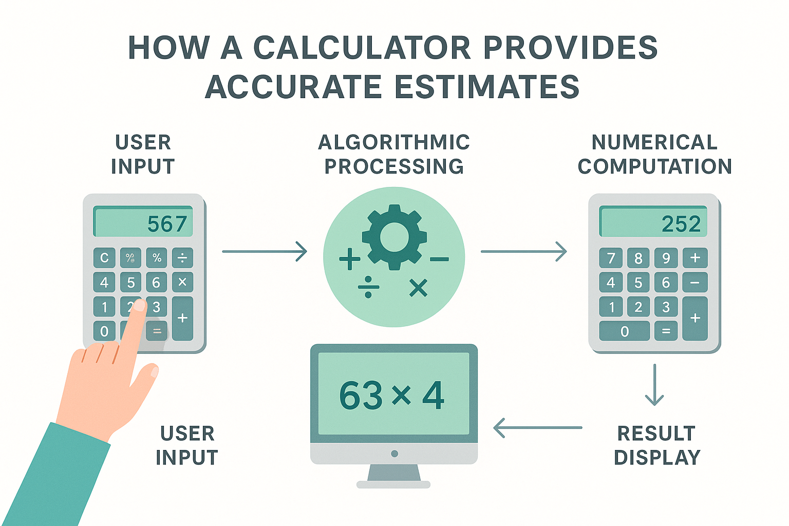 Infographic showing calculator stages: user input, algorithmic processing, computation, and result display with pastel colors.