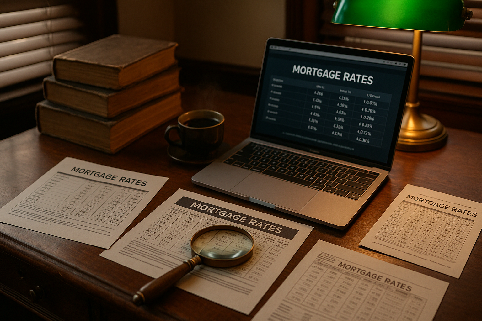 A realistic photo of a real estate agent's desk featuring mortgage rate charts, a laptop, magnifying glass, books, banker’s lamp, and steaming coffee, embodying the world of mortgage finance.