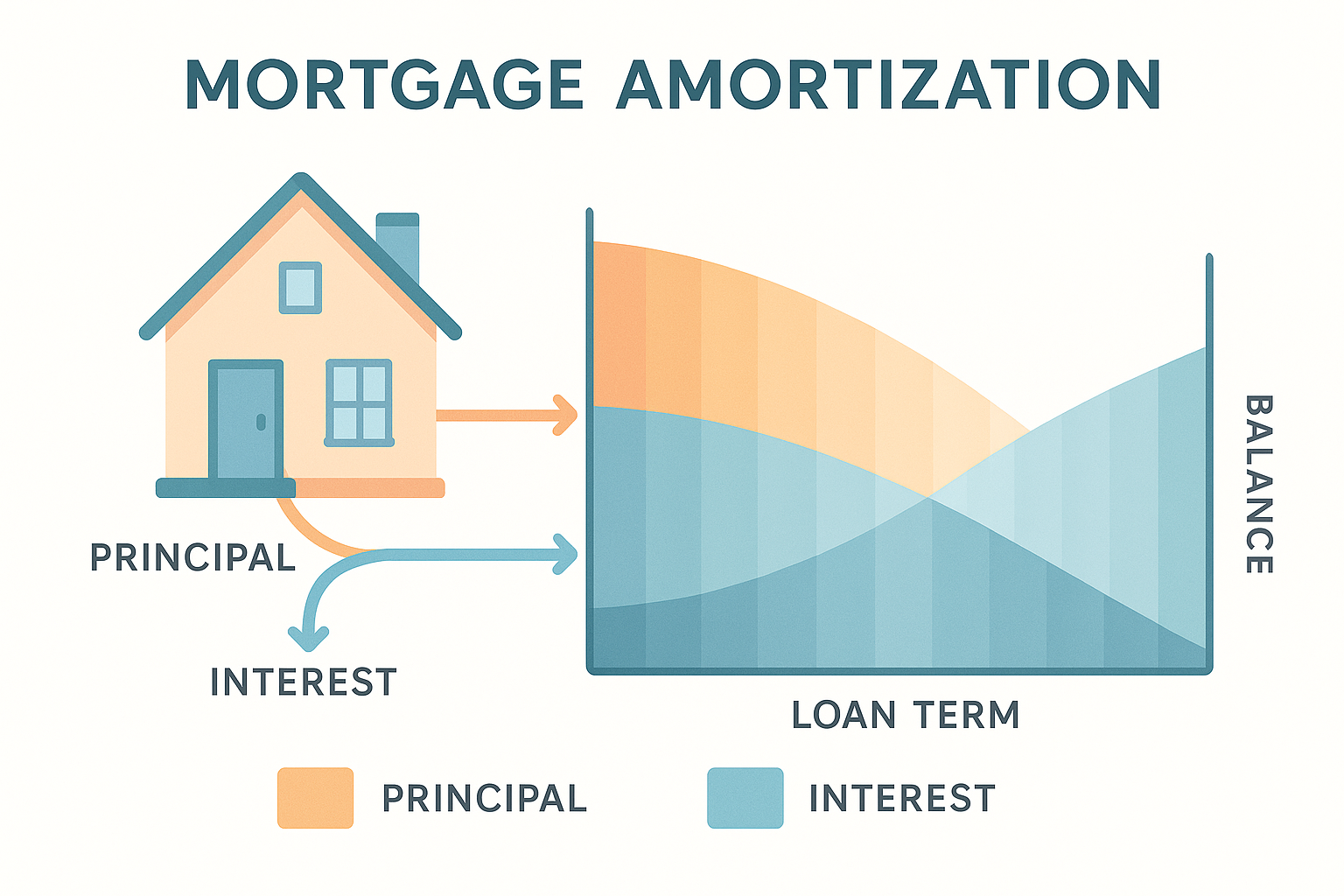 Educational infographic on mortgage amortization showing a house, arrows, and pathways illustrating monthly principal and interest payments. Includes a legend with key terms like principal, interest, balance, and loan term, using colorful gradients and clean typography for a clear, engaging presentation.