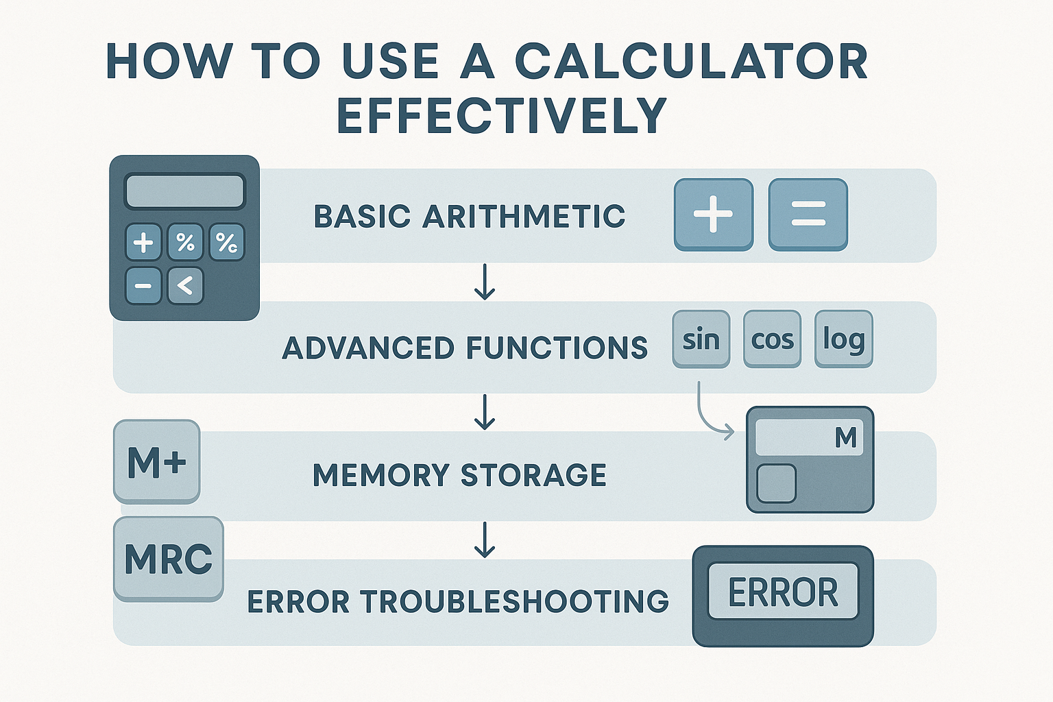 Infographic illustrating efficient calculator use with modern design, showing arithmetic operations, advanced functions, memory usage, and troubleshooting steps. Features labeled calculator buttons, sleek font, and simple diagrams with arrows in blue, gray, and white colors for educational clarity.