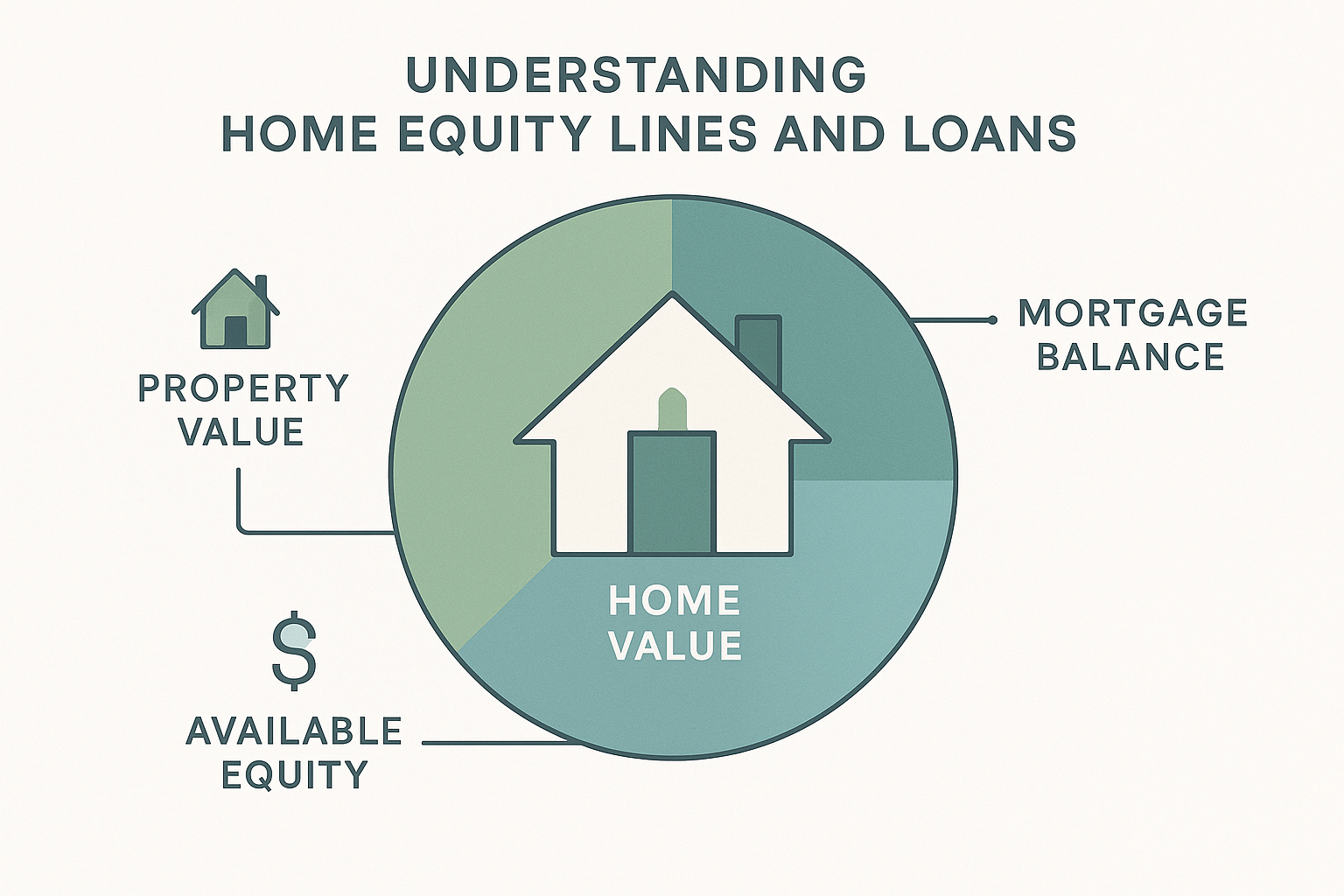 An educational infographic detailing home equity lines and loans using flat vector art, highlighting home value, mortgage balance, and available equity with icons and color-coded segments for clarity.