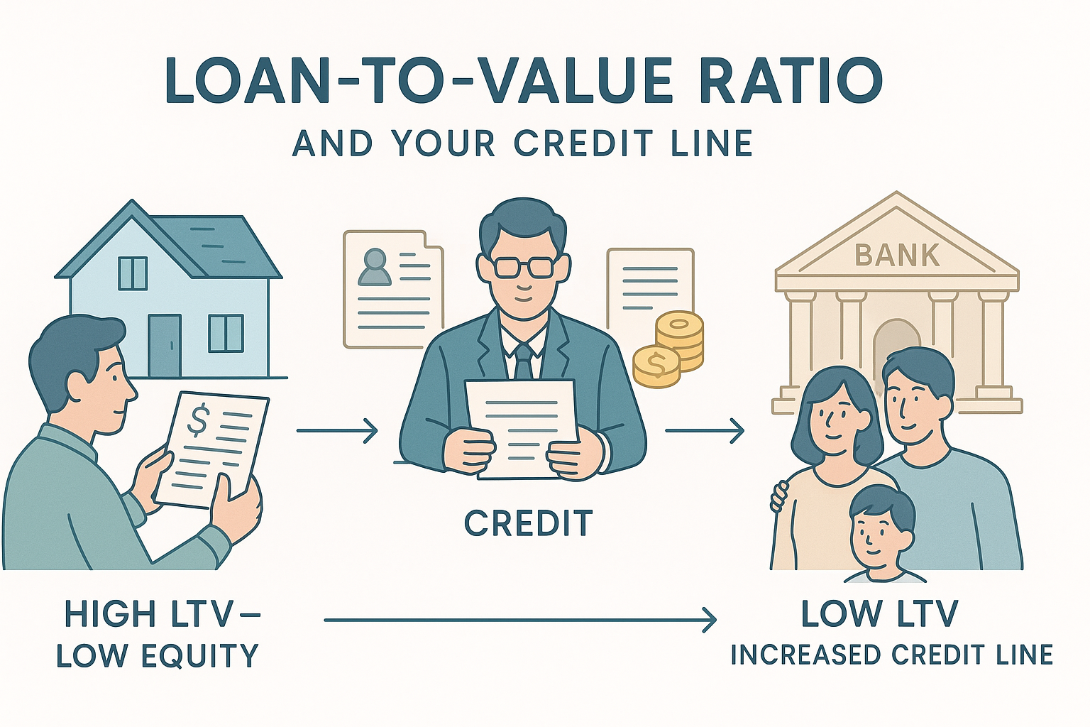 Infographic showing loan-to-value ratio's effect on credit lines with scenarios: homebuyer with documents, credit officer reviewing loans, family at bank. Labeled with terms 'High LTV - Low Equity' and 'Low LTV - Increased Credit Line'. Uses soft colors and clear arrows for guidance.