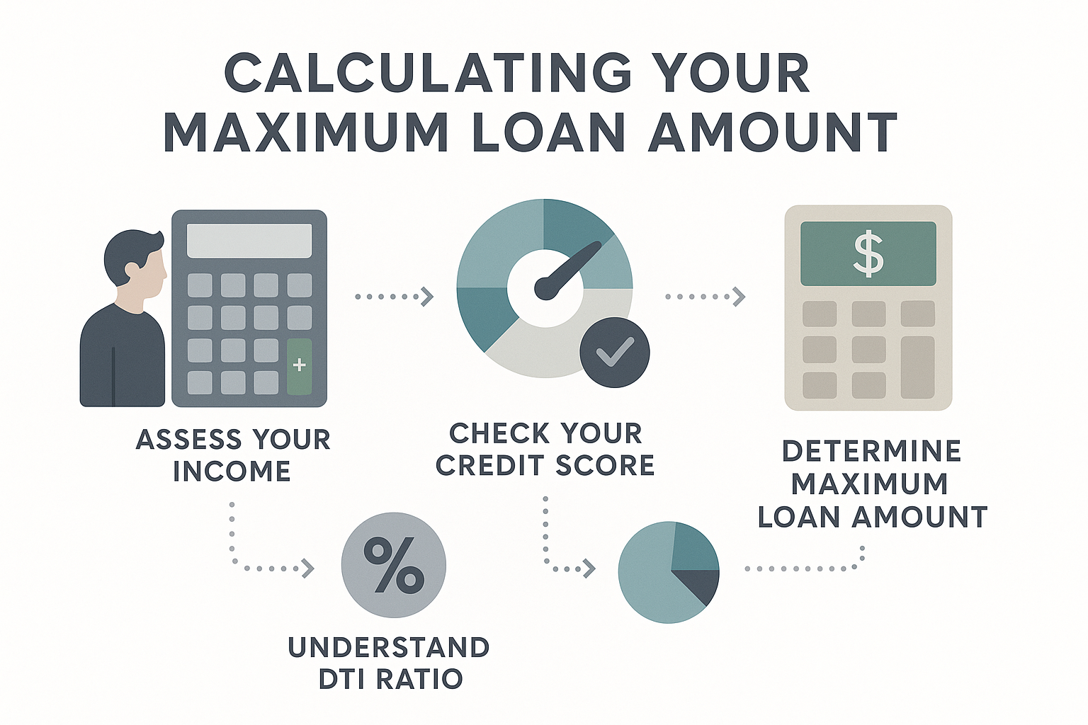 Infographic illustrating steps to calculate your maximum loan amount. Includes income assessment, credit score check, debt-to-income ratio understanding with visual aids like calculators, pie charts, and percentage signs. Soft greys, blues, greens on white background enhance clarity and comprehension.