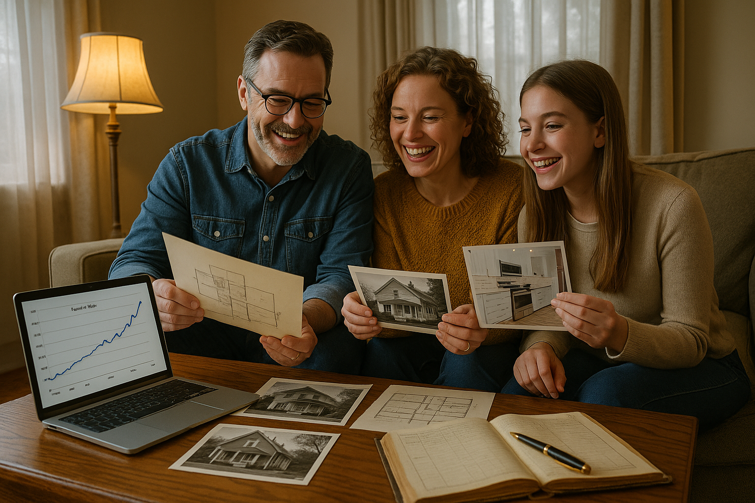 A cheerful family explores their home equity's history at a living room table, surrounded by old plans, photos, and modern upgrades, with a chart of rising property value on a laptop. Ambient light and furnishings blend vintage charm with modern achievement, evoking comfort.