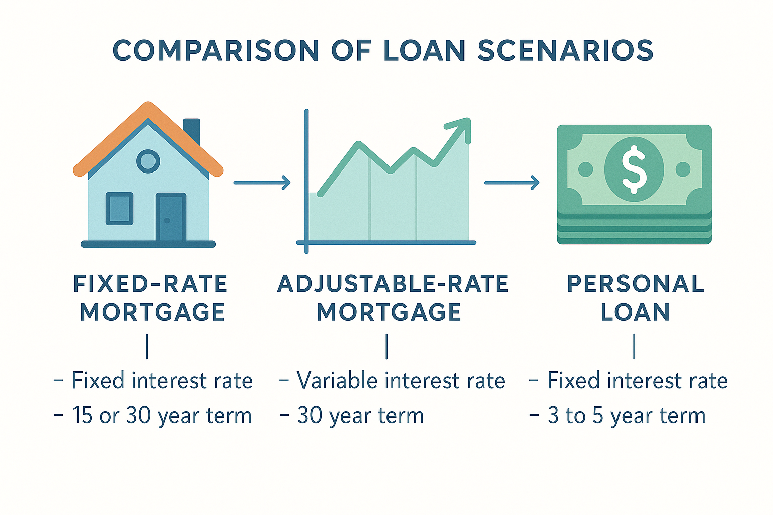 Infographic comparing fixed-rate mortgage, adjustable-rate mortgage, and personal loan with icons of a house, graph, and cash. Features labeled in sans-serif typography with a palette of blues, greens, and oranges on a white background.
