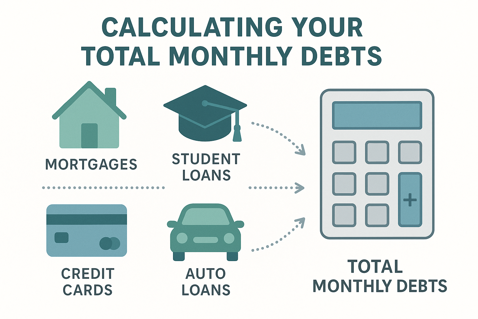 Infographic illustrating how to calculate total monthly debts with icons for mortgages, student loans, credit cards, and auto loans. Features a calculator icon for debt calculation and uses clear vector art with accessible design and easy readability.