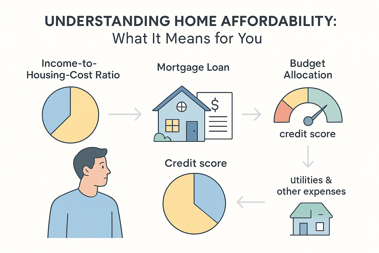 Infographic explaining home affordability with vector art, highlighting income-to-housing-cost ratio, mortgage loans, and credit score impact. Soft blues, pastel yellows, and greens enhance clarity. Includes charts and icons for utilities and expenses.