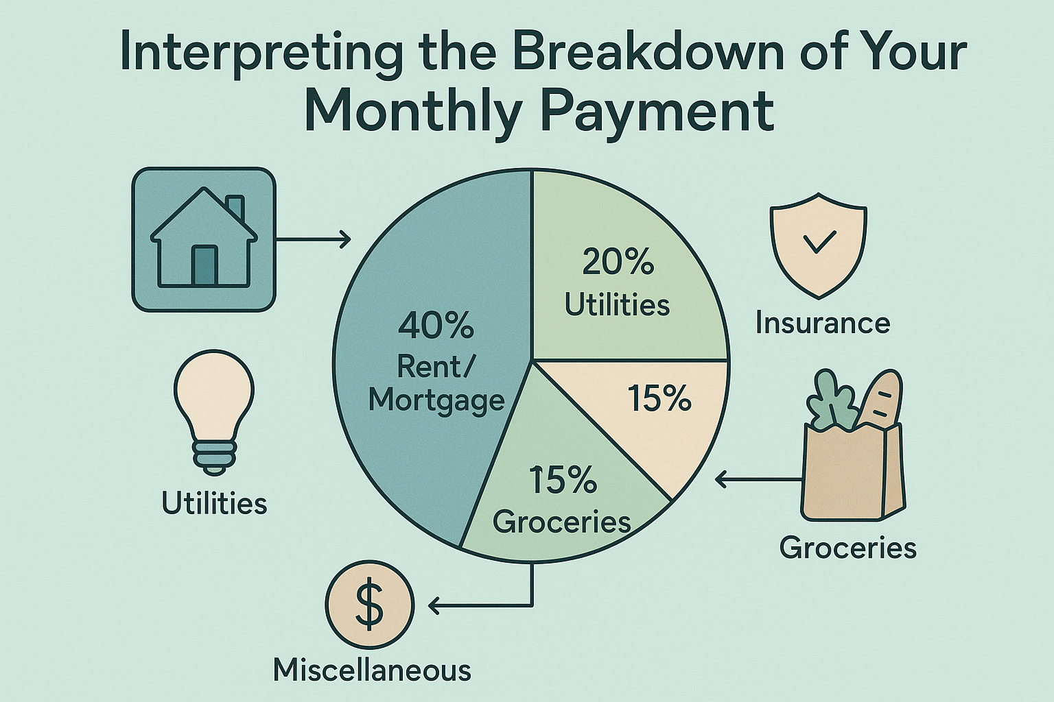 Infographic explaining breakdown of monthly payments, including sections for rent, utilities, insurance, groceries, and miscellaneous expenses in a circular chart with soft colors and clear labels.