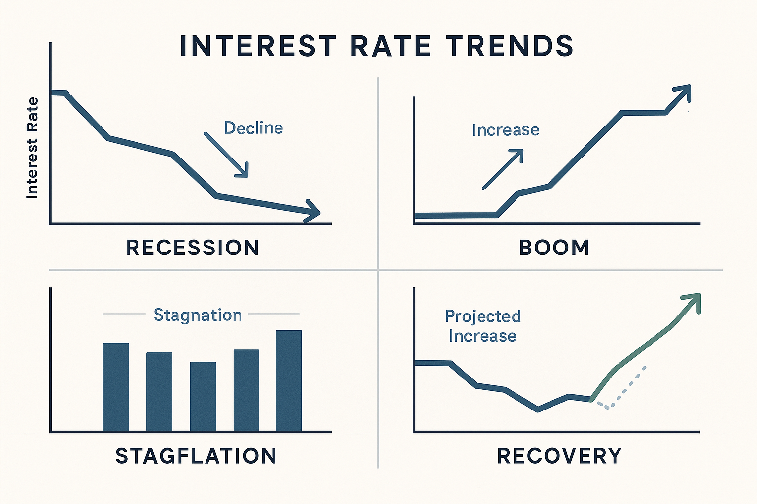Infographic showing past and projected interest rate trends with line graphs and bar charts for periods like recession and recovery. Professional color scheme in blues, grays, and greens, featuring clean annotations and section titles for clarity and easy understanding.