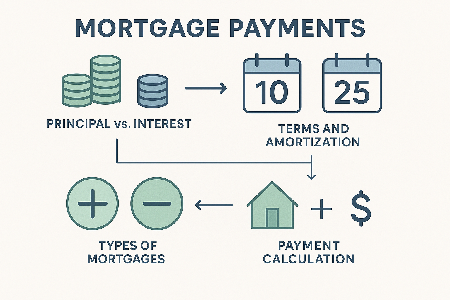 Educational infographic explaining mortgage payments. Sections on principal vs. interest, terms and amortization, mortgage types, and payment calculations. Features coin stacks, calendar, plus and minus symbols. Uses soft blues and greens on white background, clear sans-serif text, and logical flow lines.