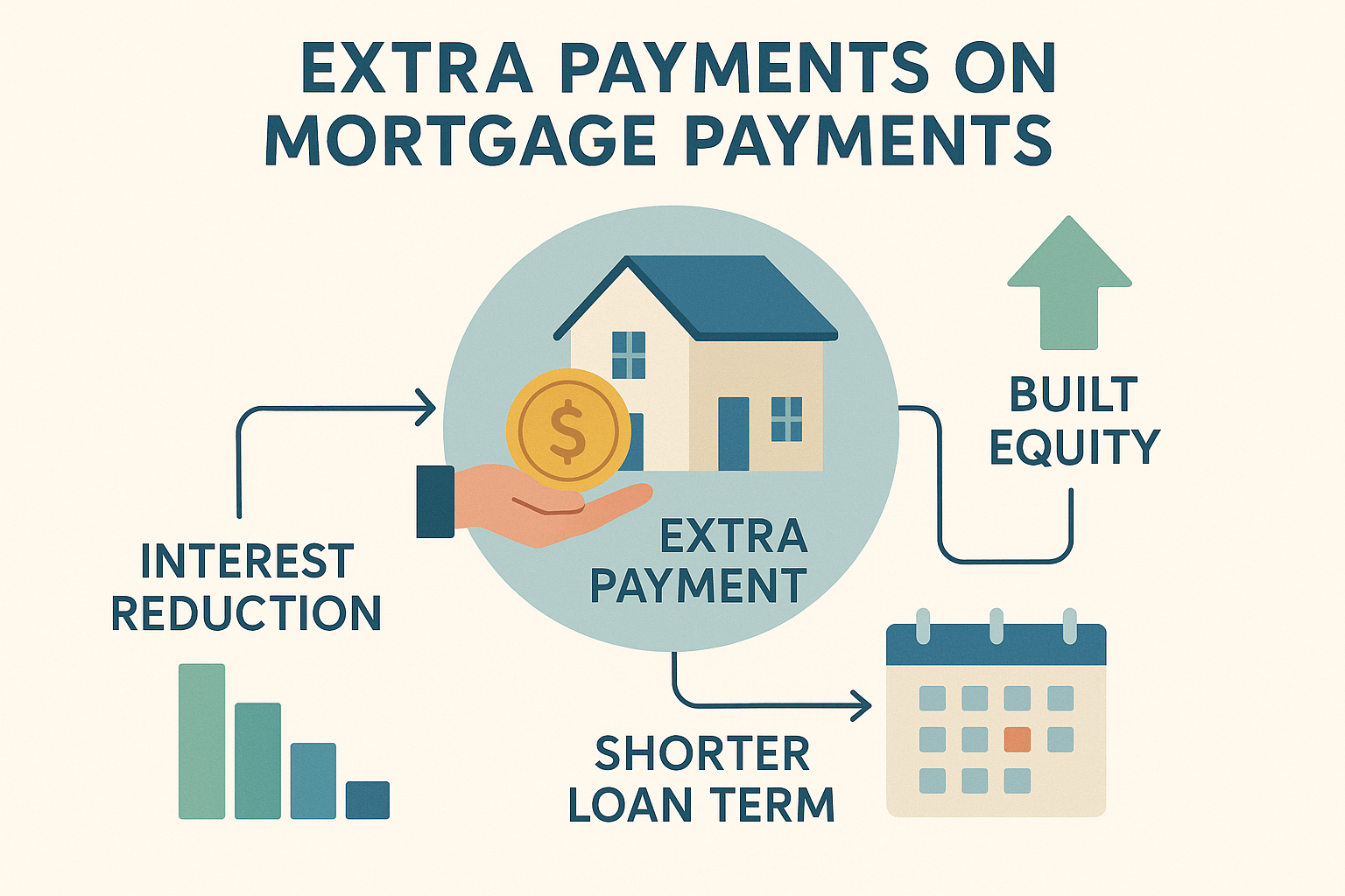 Educational poster illustrating the impact of extra payments on mortgages. Features vector graphics of reducing interest, increasing equity, and time savings. Soft blue, green, and off-white colors with arrows and minimal text on financial concepts like 'Extra Payment' and 'Interest Reduction'.