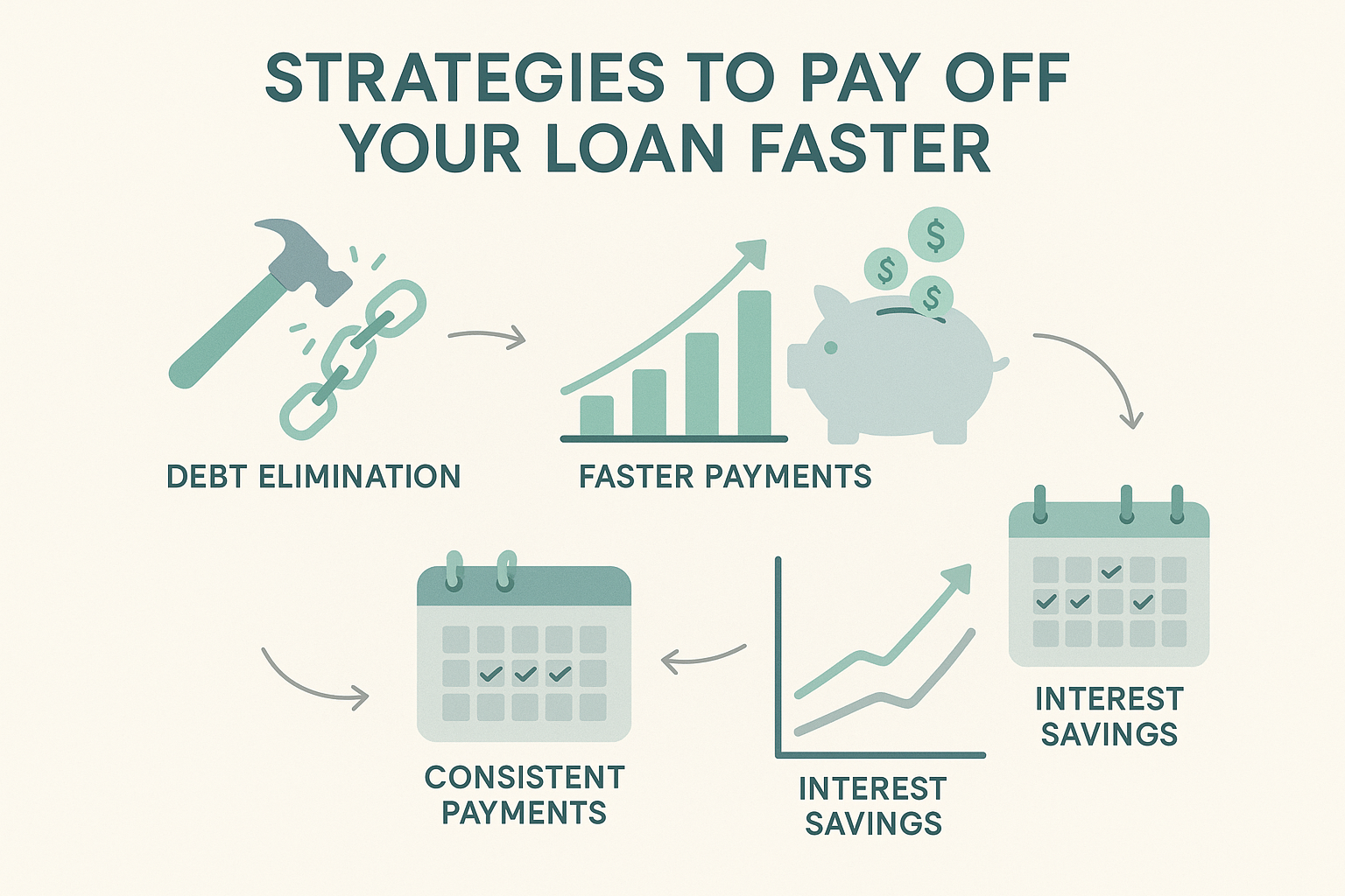 Infographic illustrating strategies to pay off loans faster, including debt elimination, faster payments, extra contributions, consistent payments, and interest savings. Includes minimalist flat vector illustrations with soft pastel colors on off-white background, optimized for financial education.