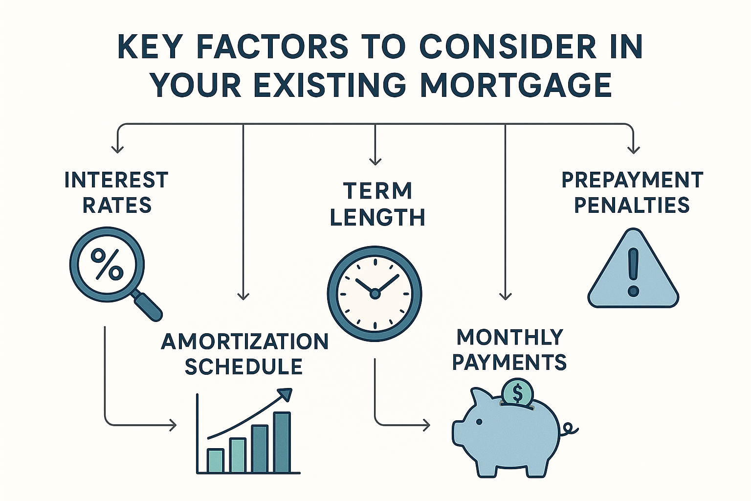 Infographic detailing key factors in existing mortgage: interest rates, term length, amortization schedule, prepayment penalties, monthly payments. Includes icons: magnifying glass, clock, bar graph, warning triangle, piggy bank. Consistent blue, green, gray color palette, modern sans-serif font, clear readability.