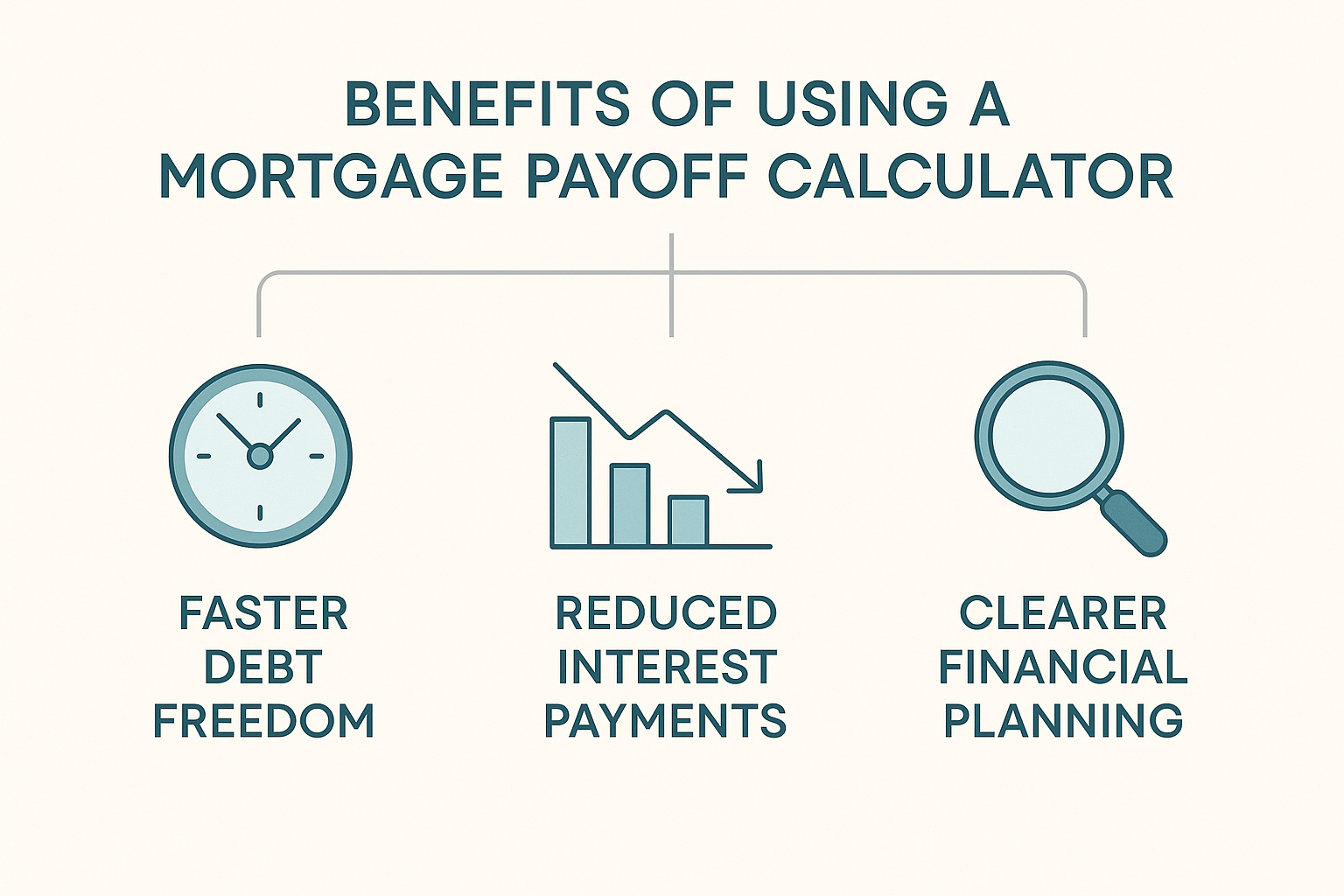 Educational infographic illustrating mortgage payoff calculator benefits: faster debt freedom with clock icon, reduced interest payments with graph, and clearer financial planning with magnifying glass. Minimalistic design, modern font, and pastel colors enhance readability for financial guidance.