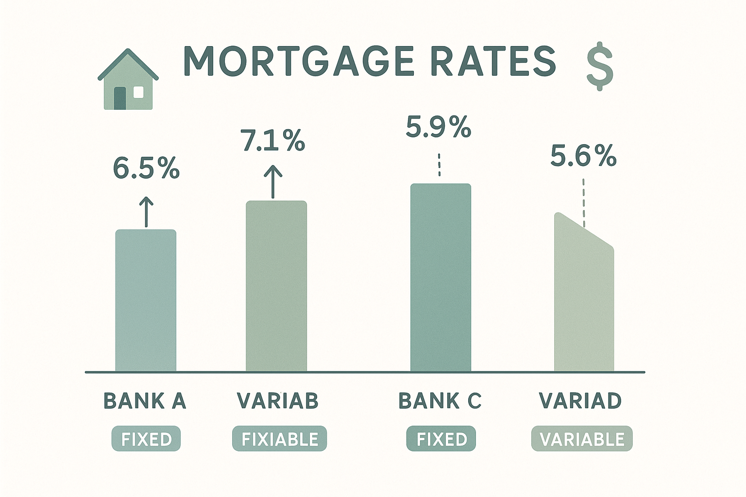 Educational infographic comparing current mortgage rates from various banks, featuring bar graphs with interest rates, bank names, and terms like 'fixed' or 'variable.' Uses muted colors with minimalist icons and clear labels for easy readability.