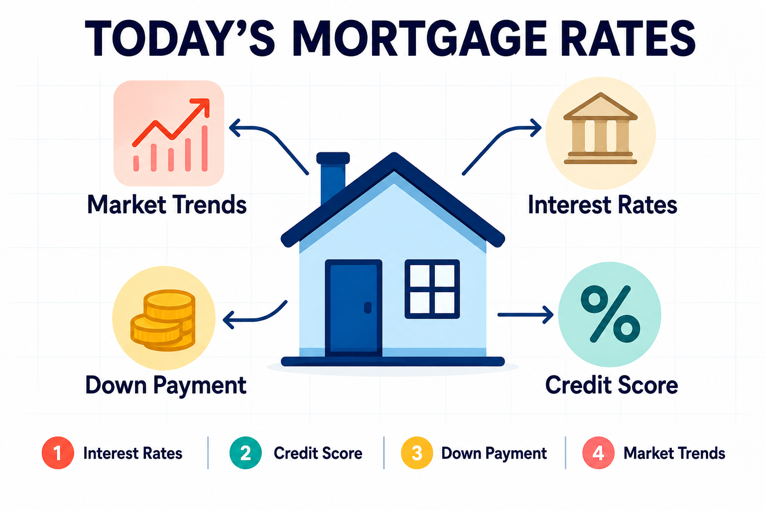 Educational poster detailing mortgage rates with a house icon. Features icons for interest rates, market trends, credit score, and down payment. Infographic in pastel colors with arrows showing influence, set on a white background with grid lines. Text for clarity.