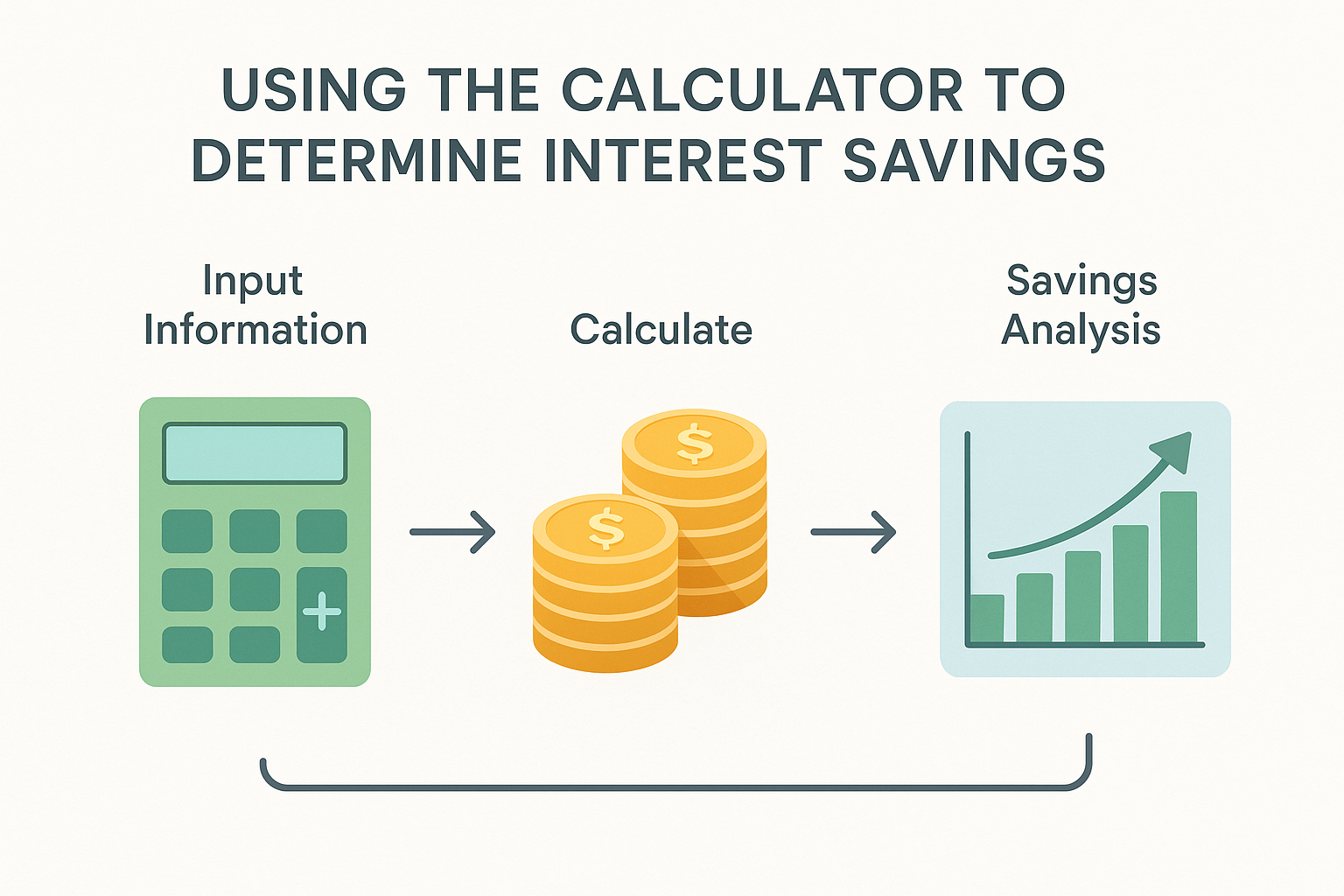 Educational infographic illustrating how to use a calculator to determine interest savings. Includes sections for input information, calculation, and savings analysis with icons of calculator, coin stacks, and a savings graph, connected by arrows, designed in soothing gradients on a white background.