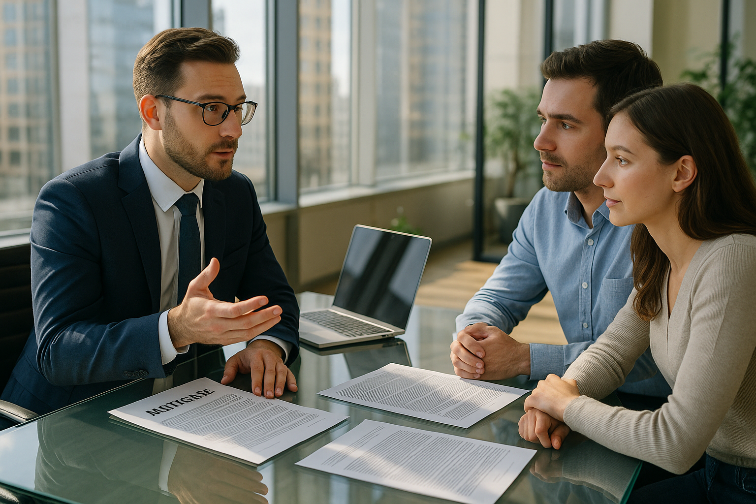 Professional financial advisor discusses mortgage terms with a couple in a modern, sunlit office. Papers and a laptop with mortgage documents are on the glass desk, while cityscape is visible through floor-to-ceiling windows, enhancing the professional yet approachable atmosphere.