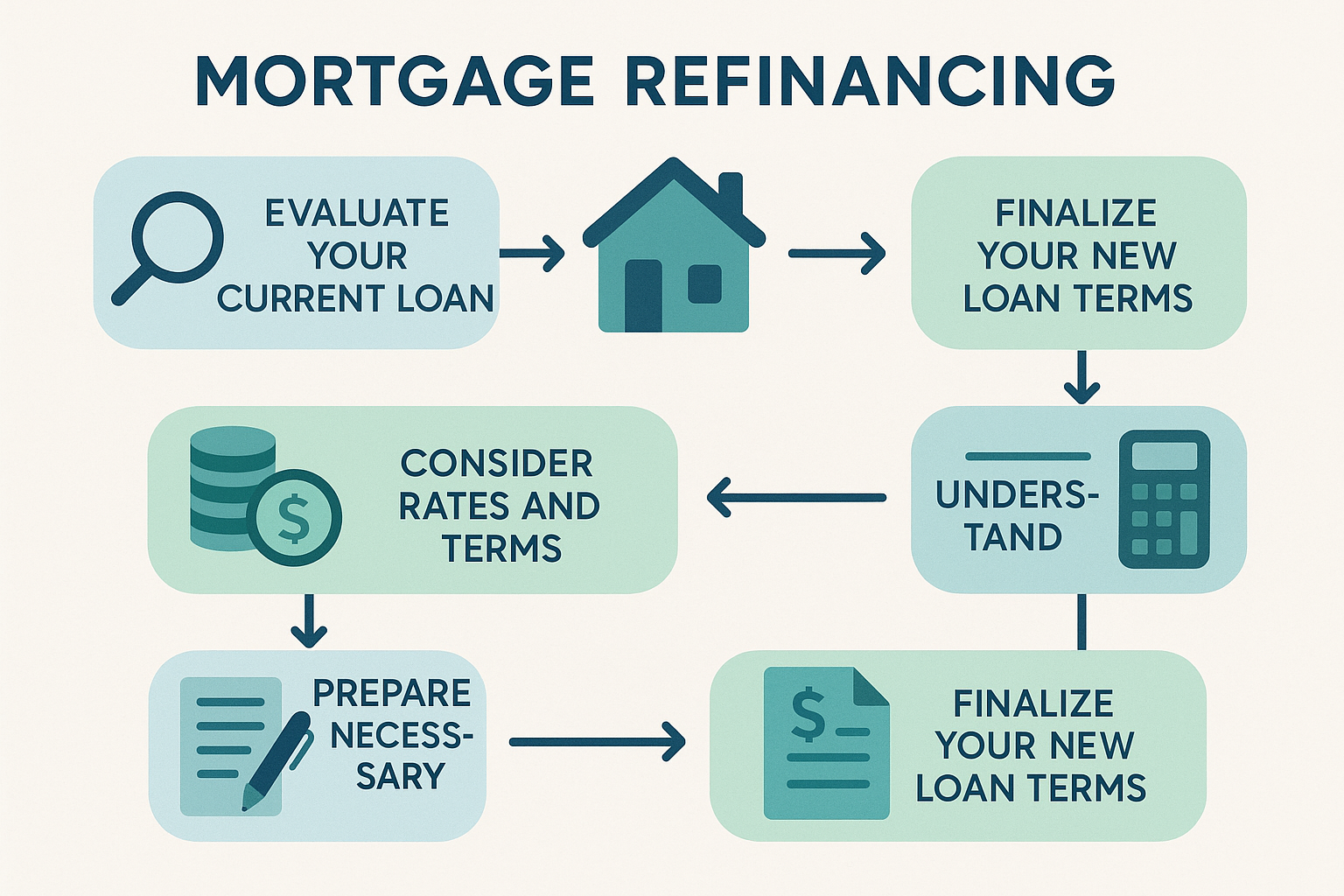 Infographic showing steps to refinance a mortgage. Starts with evaluating current loan, includes shopping for lenders, considering rates, understanding costs, and preparing documents, ending with finalizing new loan terms. Uses symbols and soft colors for clarity and accessibility.