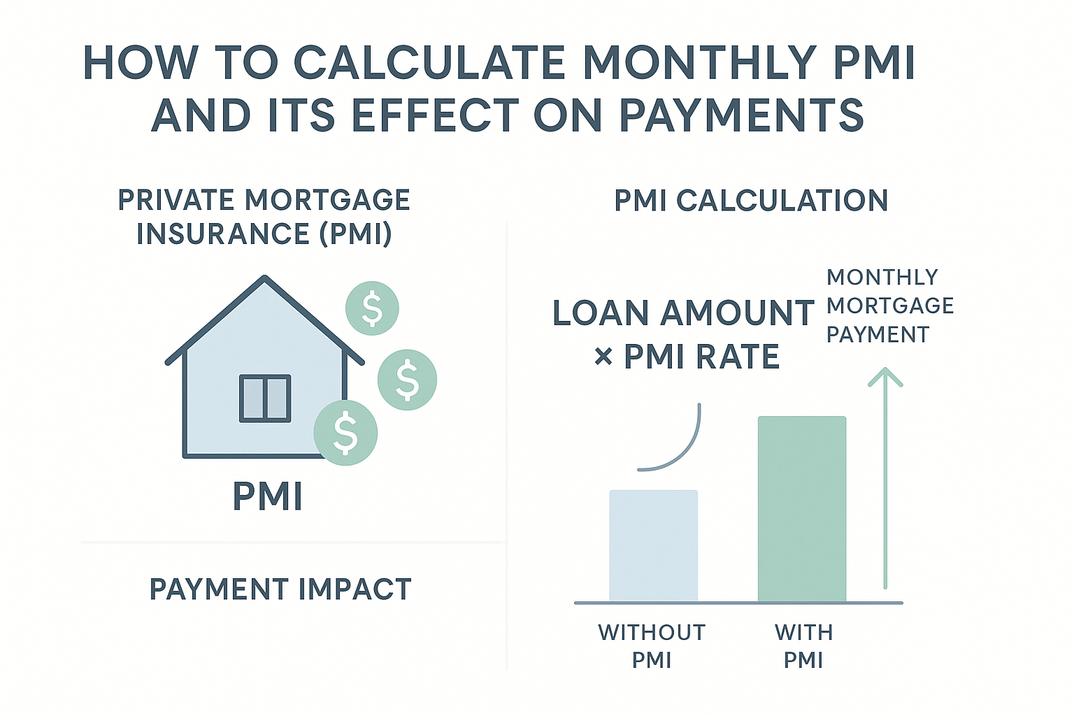 Infographic showing how to calculate monthly PMI and its effect on mortgage payments, featuring a house with dollar signs, calculation formula, and bar graphs comparing payments with and without PMI.