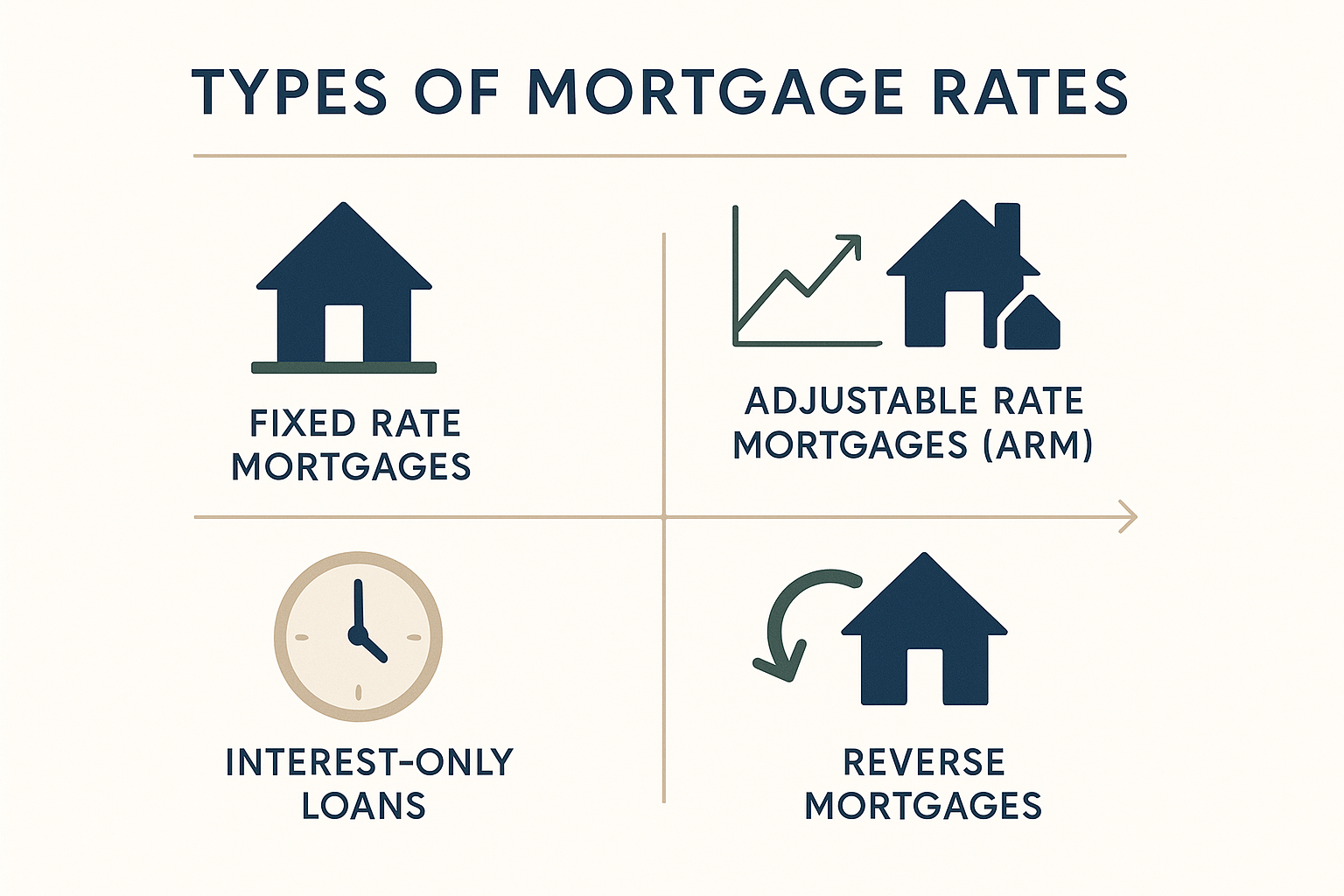 Infographic explaining mortgage rates: Fixed, Adjustable, Interest-Only, Reverse. Features icons like stable houses, graphs, clocks, reverse arrows; colors include navy blue, forest green, warm gray. Designed with clear titles and elegant fonts for educational clarity.